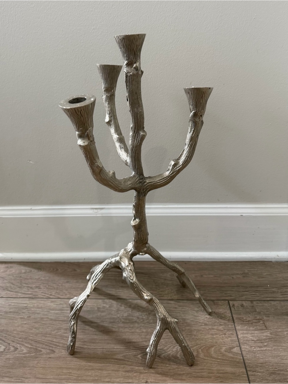 Large 20” Cast Aluminum Tree Branch Candelabra Silver Faux Bois
